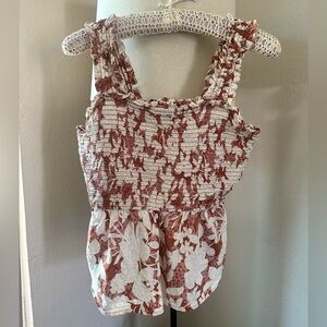 Old Navy White and Rust Floral Smocked Tank Top